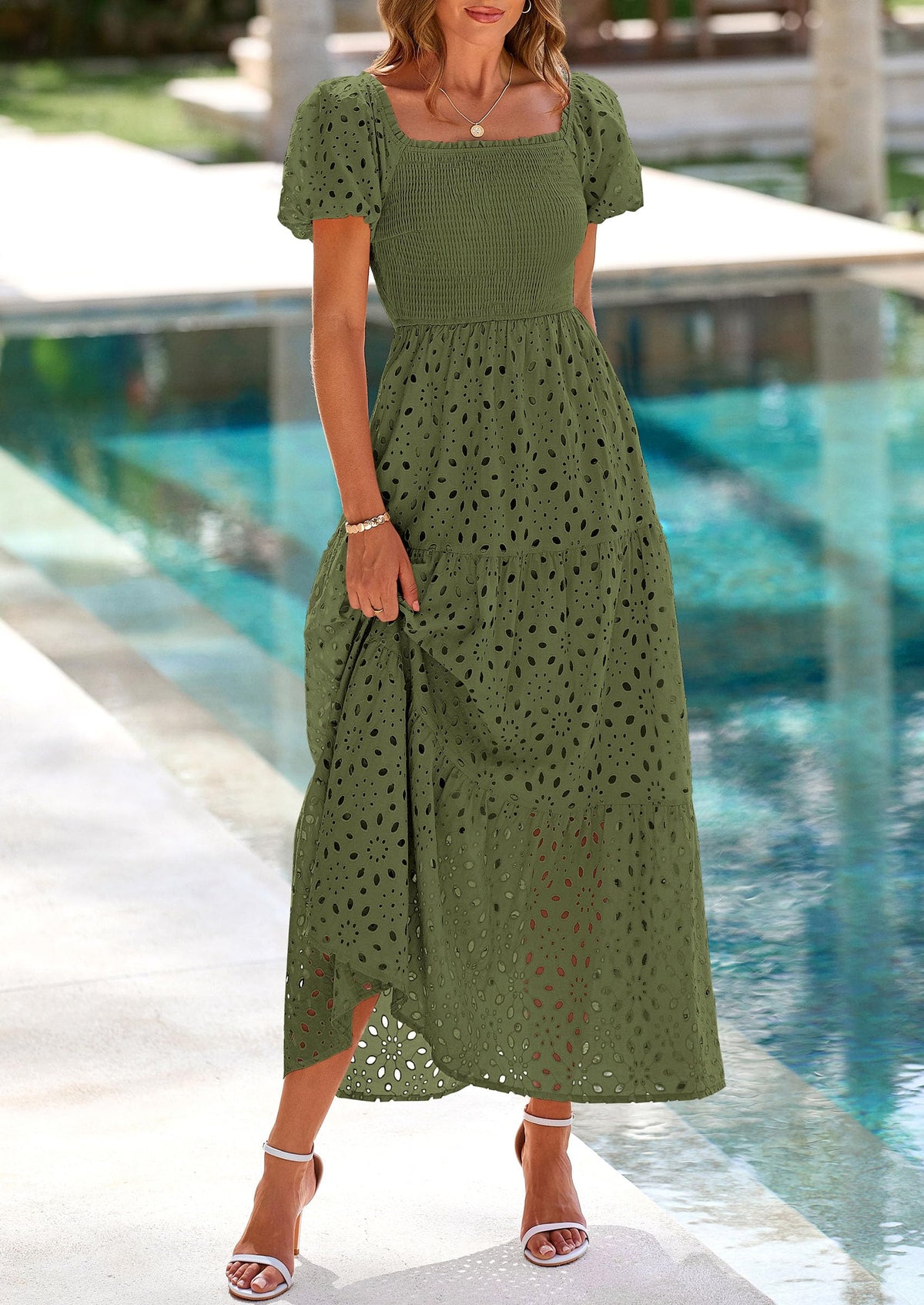 Eyelet Smocked Maxi Dress - Puff Sleeve, Square Neck, Wedding - photo 31