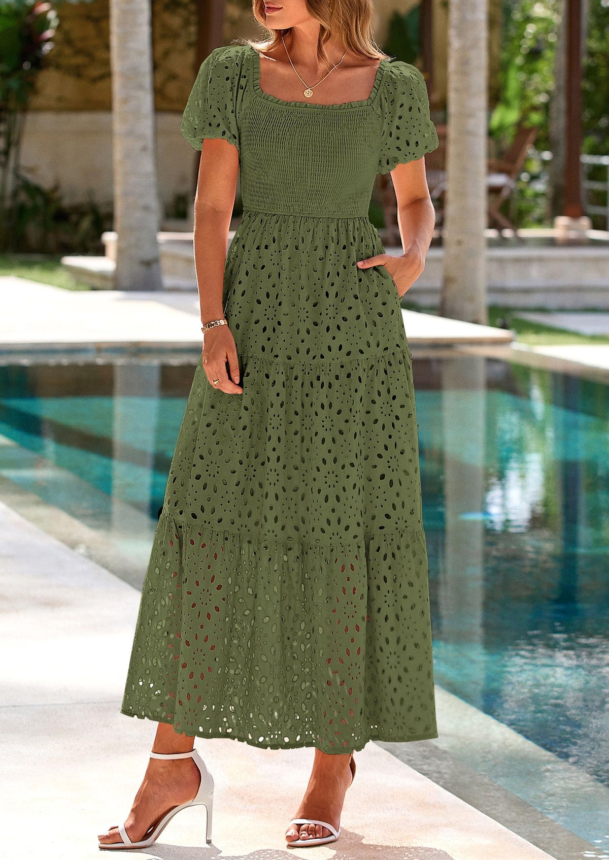 Eyelet Smocked Maxi Dress - Puff Sleeve, Square Neck, Wedding - photo 32