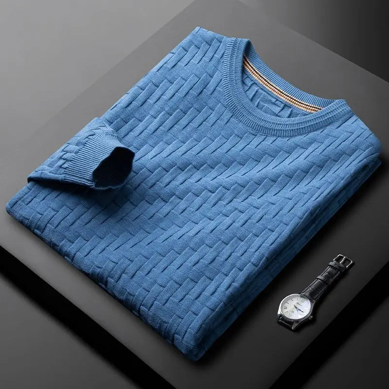 Men's green crewneck sweater with 3D geometric knit texture in cotton-blend fabric by Orsenvi