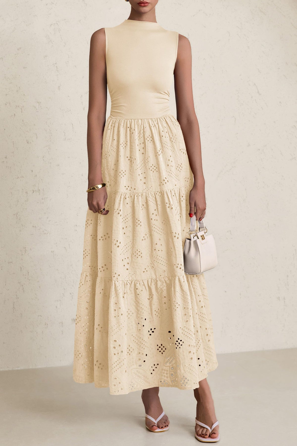 Eyelet Maxi Dress - Sleeveless, Mock Neck, Casual - photo 8