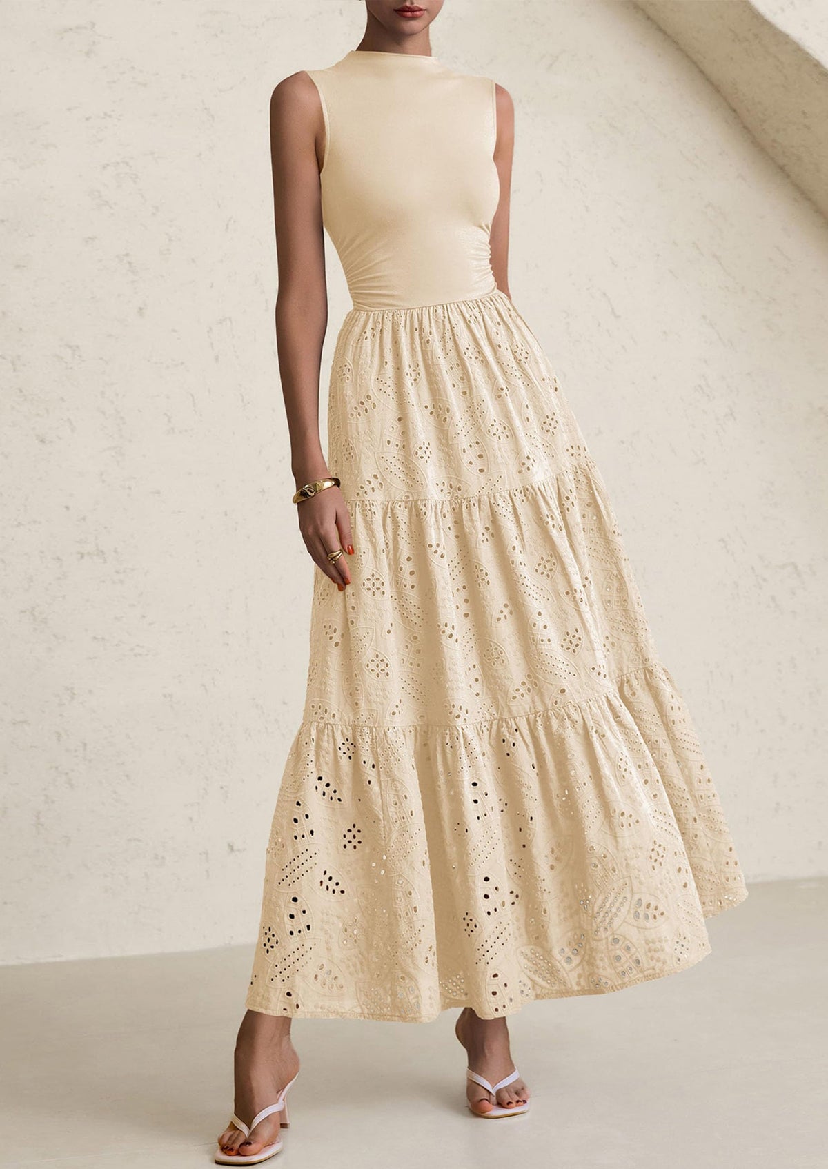 Eyelet Maxi Dress - Sleeveless, Mock Neck, Casual - photo 6