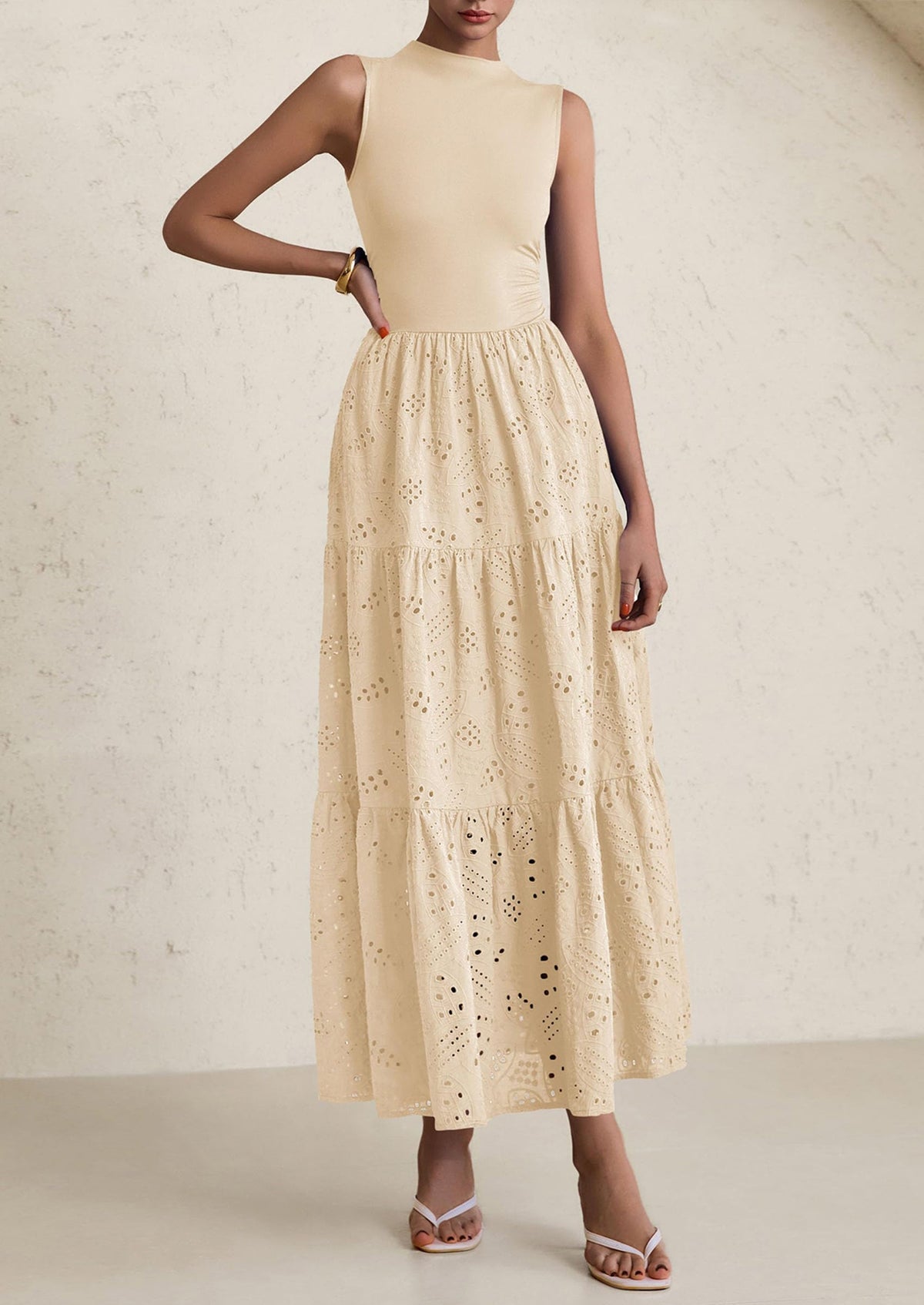 Eyelet Maxi Dress - Sleeveless, Mock Neck, Casual - photo 3