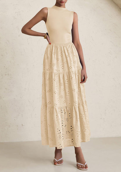 Eyelet Maxi Dress - Sleeveless, Mock Neck, Casual - photo 3
