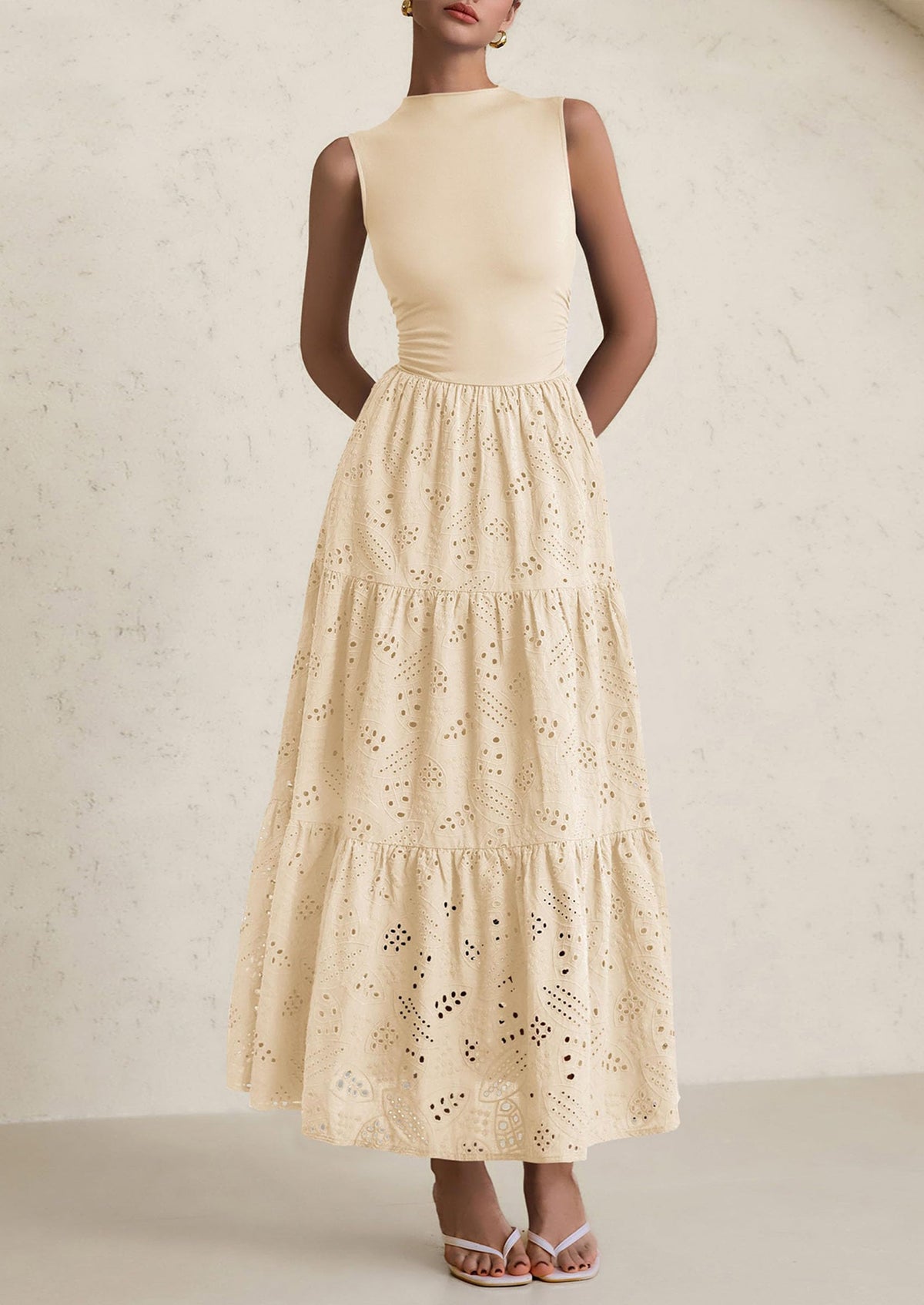 Eyelet Maxi Dress - Sleeveless, Mock Neck, Casual - photo 5