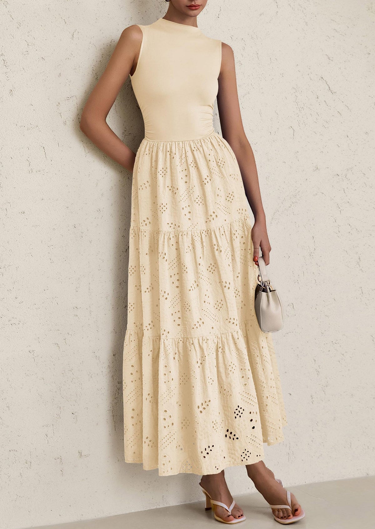 Eyelet Maxi Dress - Sleeveless, Mock Neck, Casual - photo 4