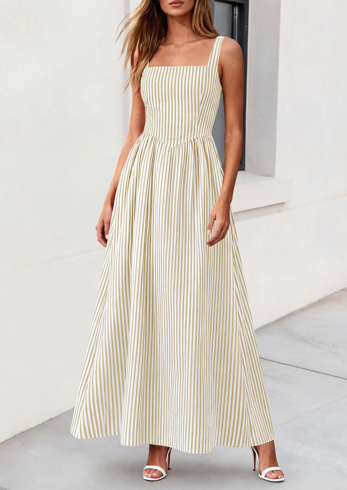 Striped Smocked A-Line Maxi Dress - Sleeveless, Square Neck, photo 25