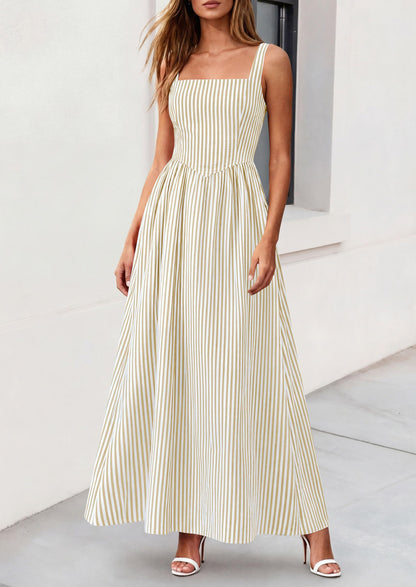 Striped Smocked A-Line Maxi Dress - Sleeveless, Square Neck, photo 25