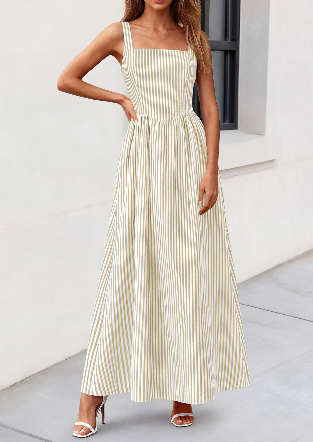 Striped Smocked A-Line Maxi Dress - Sleeveless, Square Neck, photo 26