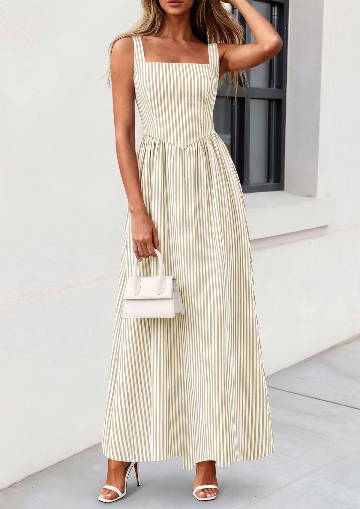 Striped Smocked A-Line Maxi Dress - Sleeveless, Square Neck, photo 27