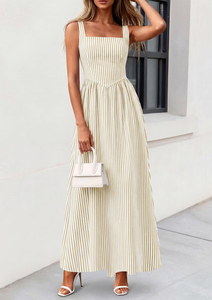 Striped Smocked A-Line Maxi Dress - Sleeveless, Square Neck, photo 27