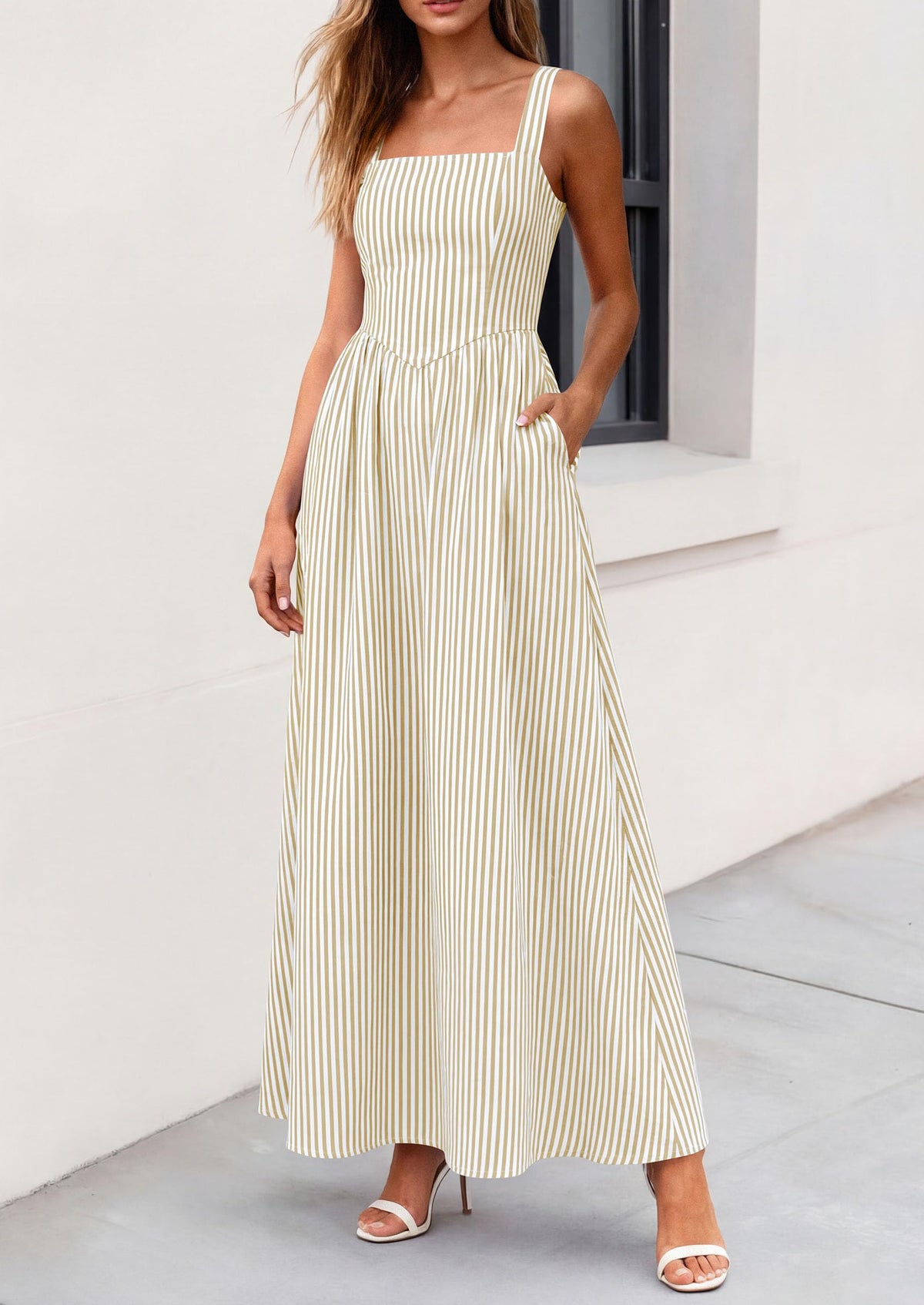Striped Smocked A-Line Maxi Dress - Sleeveless, Square Neck, photo 28