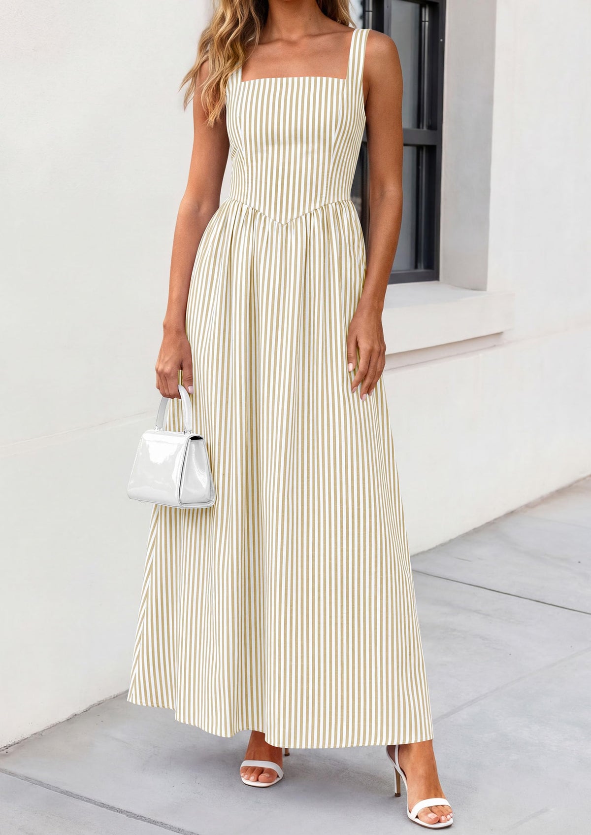 Striped Smocked A-Line Maxi Dress - Sleeveless, Square Neck, photo 29