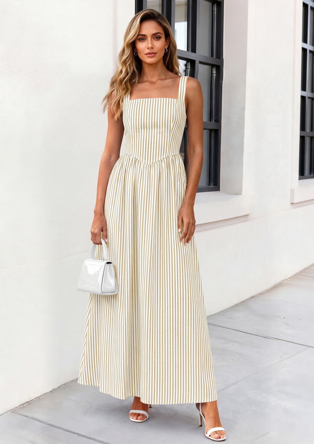 Striped Smocked A-Line Maxi Dress - Sleeveless, Square Neck, photo 24