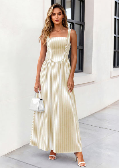 Striped Smocked A-Line Maxi Dress - Sleeveless, Square Neck, photo 24