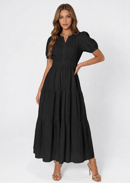 Eyelet Smocked Flowy Maxi Dress - Puff Sleeve, V-Neck, Casual - photo 9