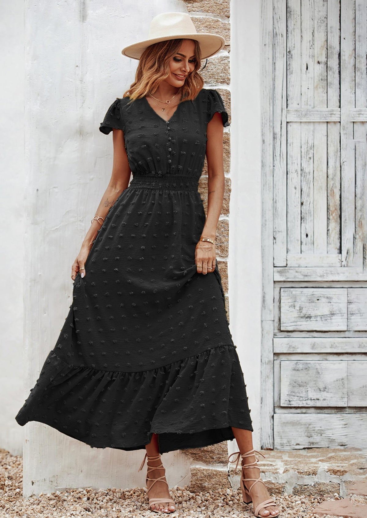 Blue Swiss Dot Tiered Smocked Maxi Dress - Short Sleeve, photo 11