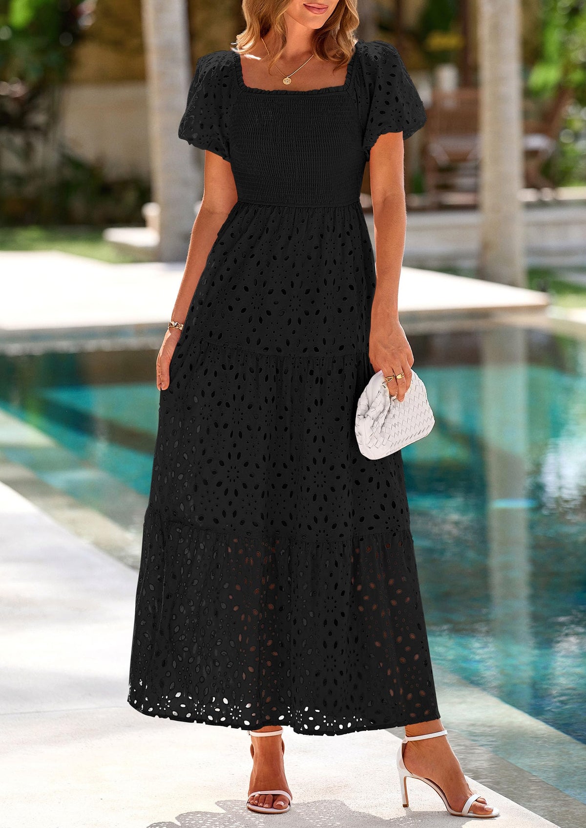 Eyelet Smocked Maxi Dress - Puff Sleeve, Square Neck, Wedding - photo 44