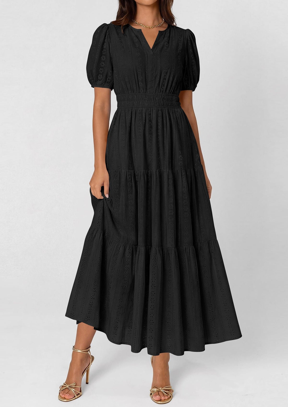 Eyelet Smocked Flowy Maxi Dress - Puff Sleeve, V-Neck, Casual - photo 8