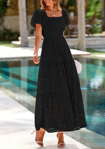 Eyelet Smocked Maxi Dress - Puff Sleeve, Square Neck, Wedding - photo 45