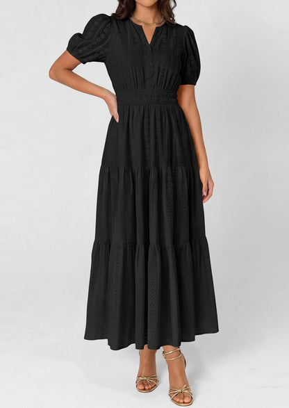 Eyelet Smocked Flowy Maxi Dress - Puff Sleeve, V-Neck, Casual - photo 10