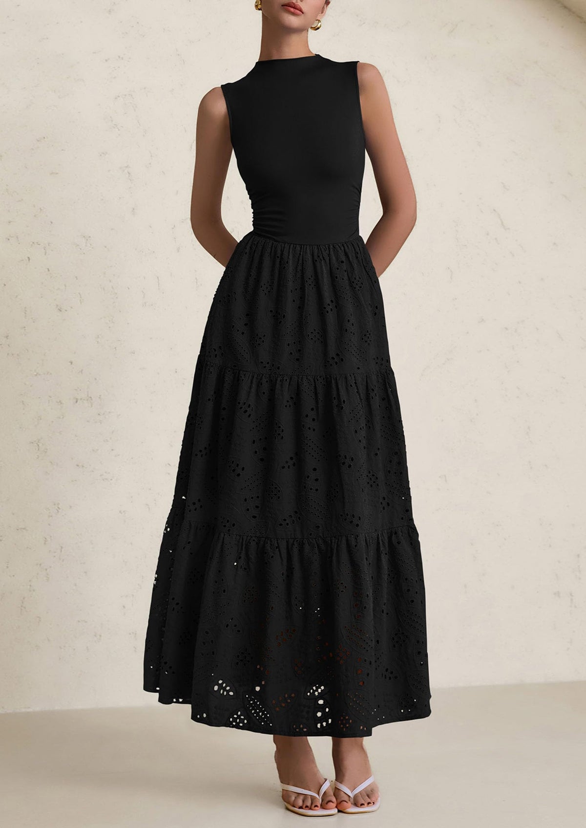 Eyelet Maxi Dress - Sleeveless, Mock Neck, Casual - photo 23