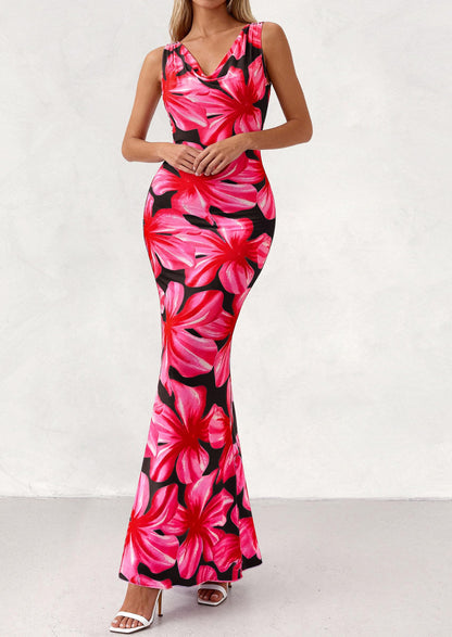 Floral Bodycon Maxi Dress - Sleeveless, Cowl Neck, Beach - photo 14