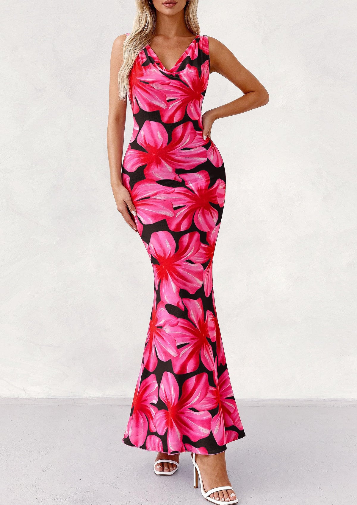 Floral Bodycon Maxi Dress - Sleeveless, Cowl Neck, Beach - photo 15