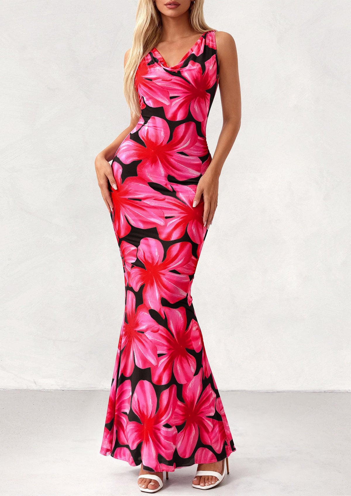 Floral Bodycon Maxi Dress - Sleeveless, Cowl Neck, Beach - photo 16