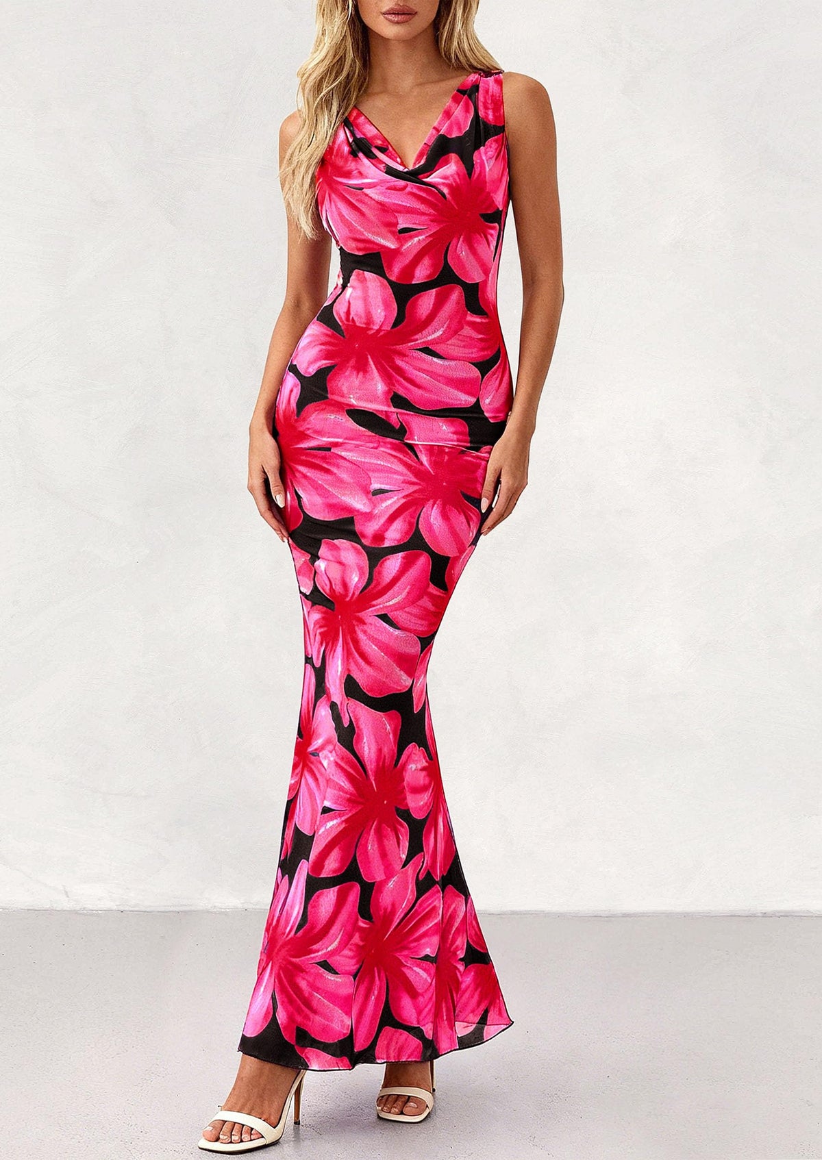 Floral Bodycon Maxi Dress - Sleeveless, Cowl Neck, Beach - photo 17
