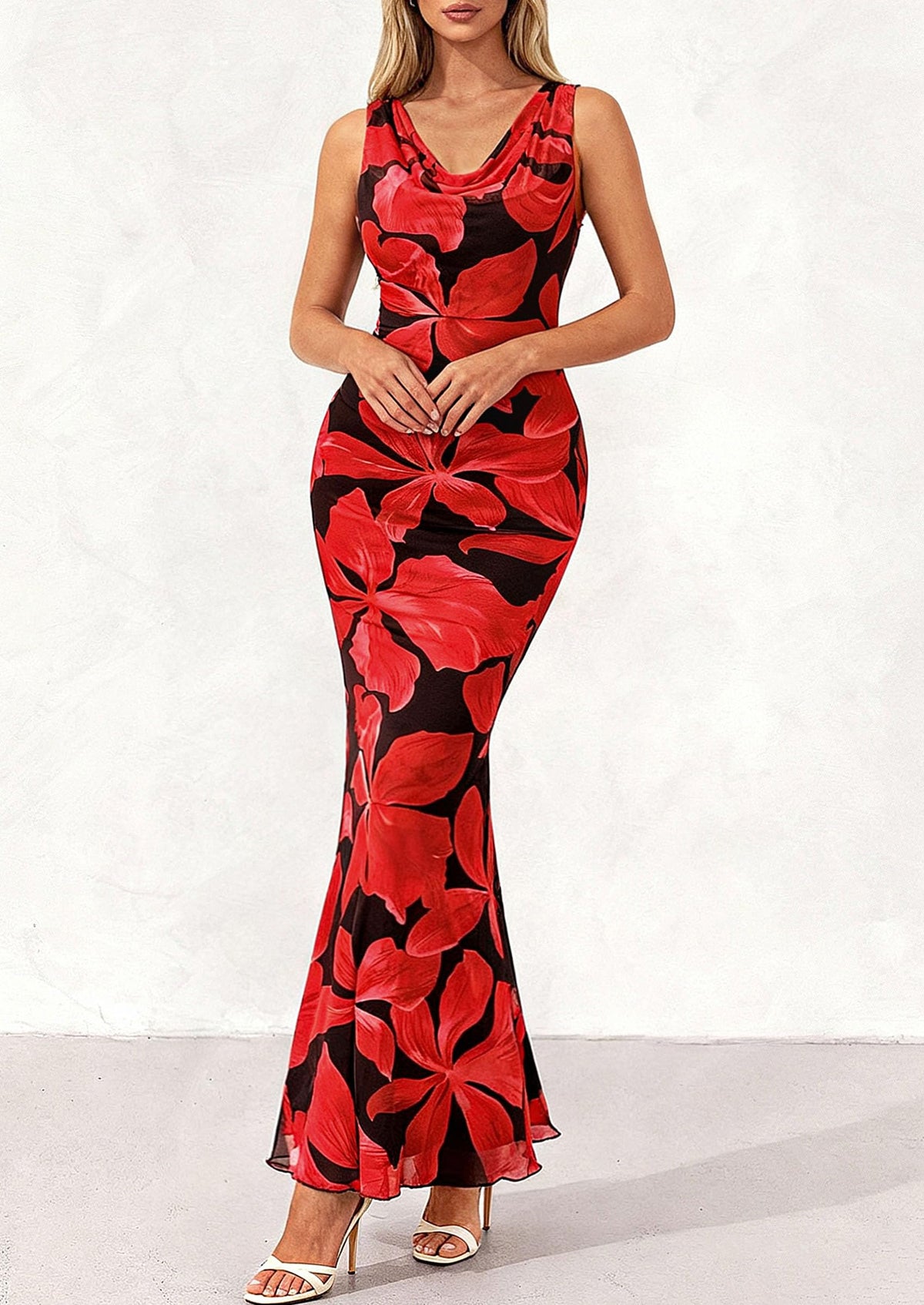 Floral Bodycon Maxi Dress - Sleeveless, Cowl Neck, Beach - photo 19