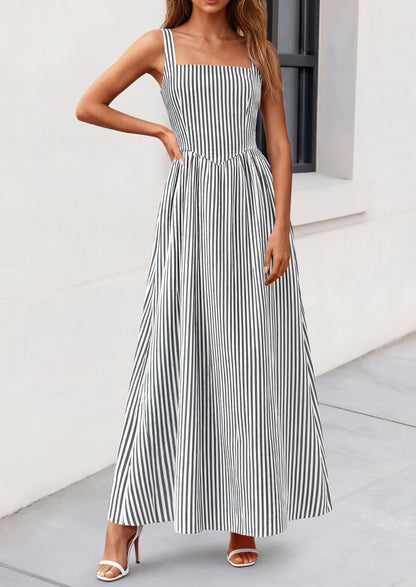 Striped Smocked A-Line Maxi Dress - Sleeveless, Square Neck, photo 39