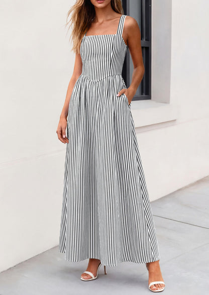 Striped Smocked A-Line Maxi Dress - Sleeveless, Square Neck, photo 41