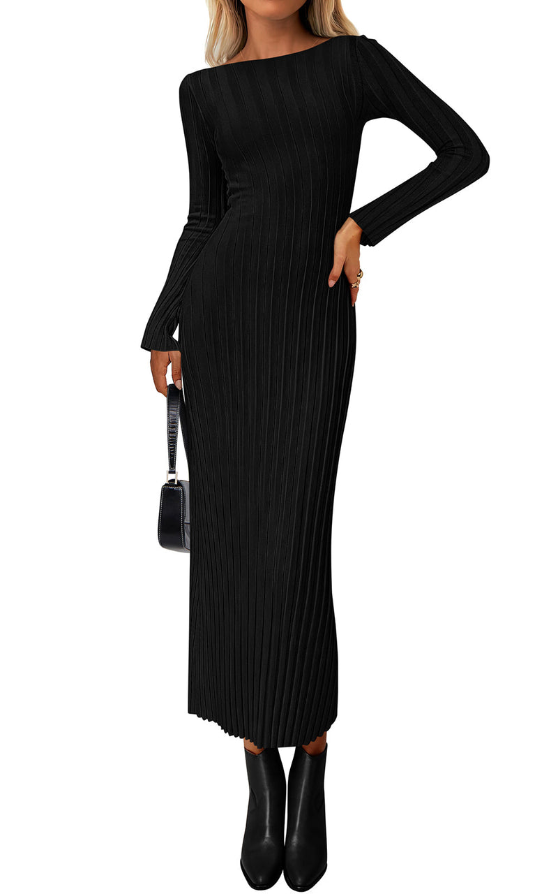 Sweater Knit Bodycon Maxi Dress - Long Sleeve, Boat Neck, Photo 1