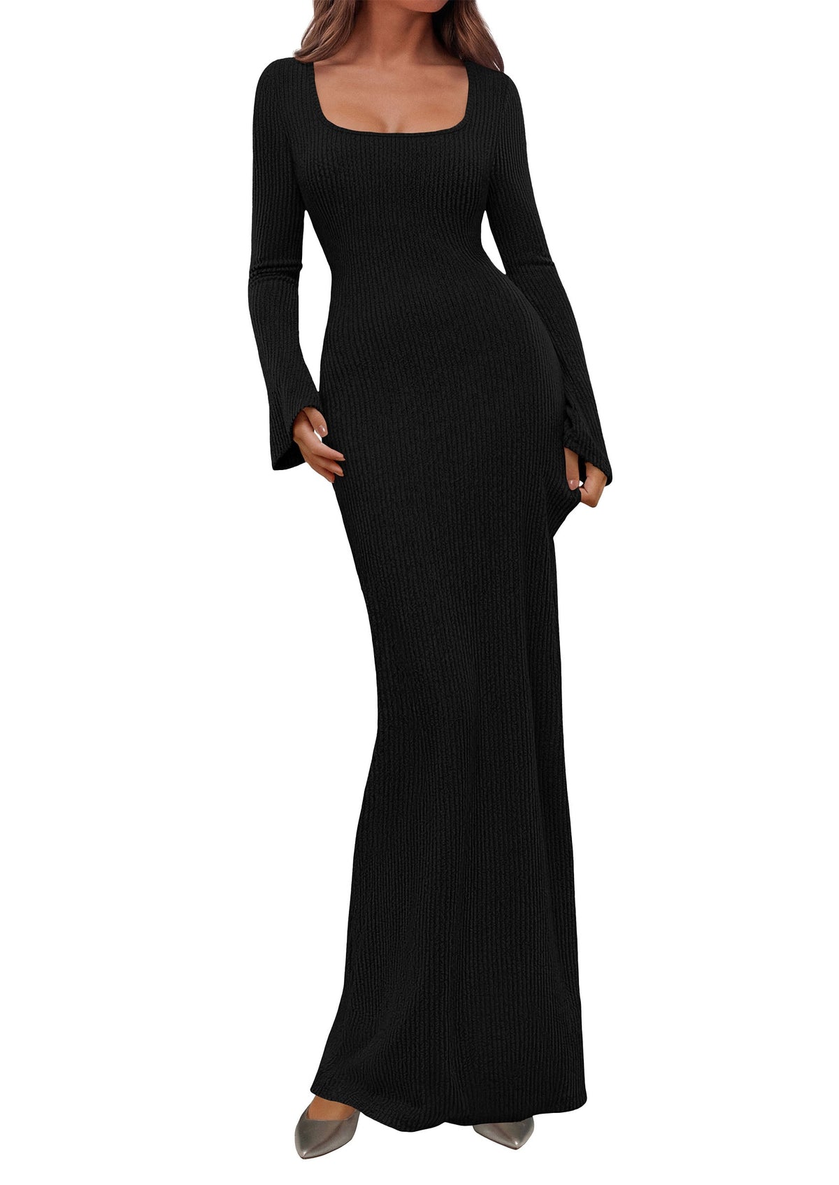 Ribbed Knit Bodycon Mermaid Maxi Dress - Long Sleeve, Square - Photo 13