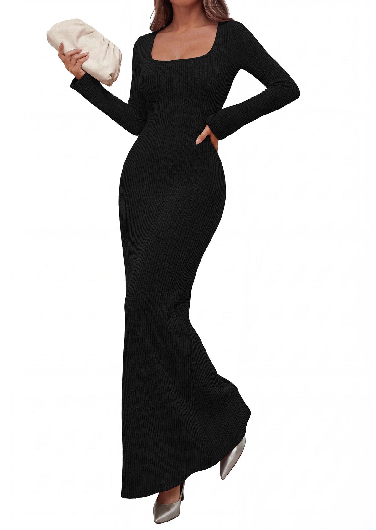 Ribbed Knit Bodycon Mermaid Maxi Dress - Long Sleeve, Square - Photo 14