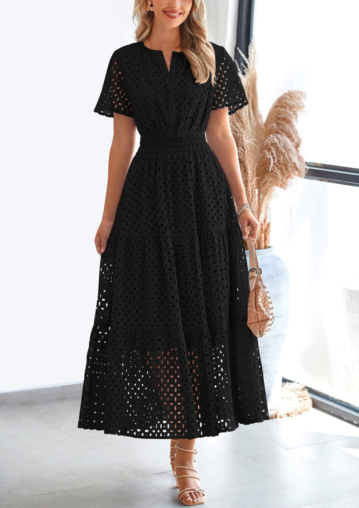 Eyelet A-Line Flowy Maxi Dress - Short Sleeve, V-Neck, Beach - photo 15