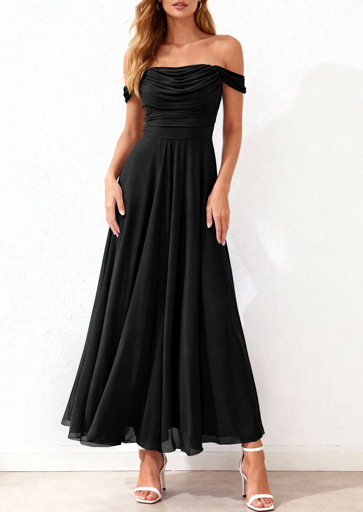 Mesh Swing Ruched Maxi Dress - Off-Shoulder, Cocktail - photo 12