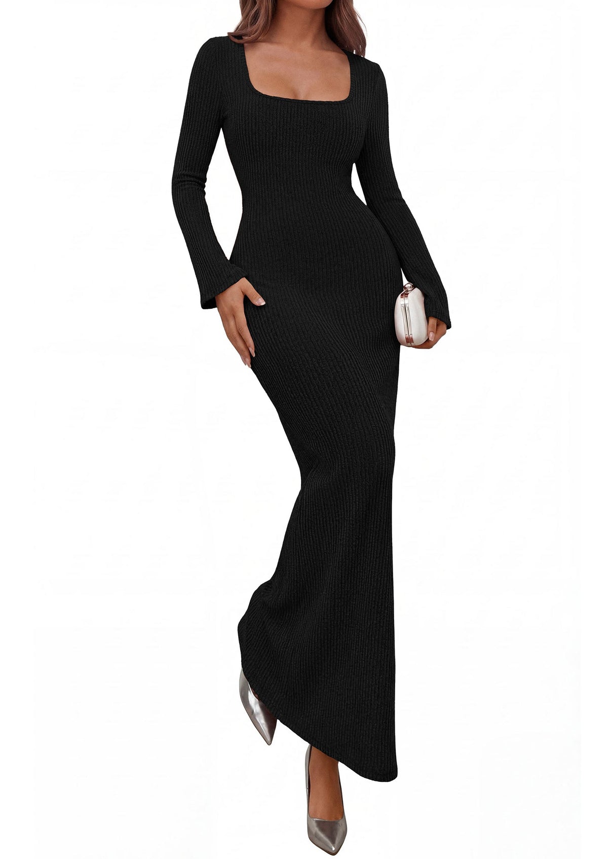 Ribbed Knit Bodycon Mermaid Maxi Dress - Long Sleeve, Square - Photo 15