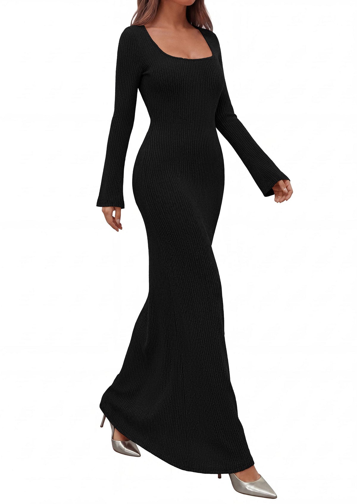Ribbed Knit Bodycon Mermaid Maxi Dress - Long Sleeve, Square - Photo 16