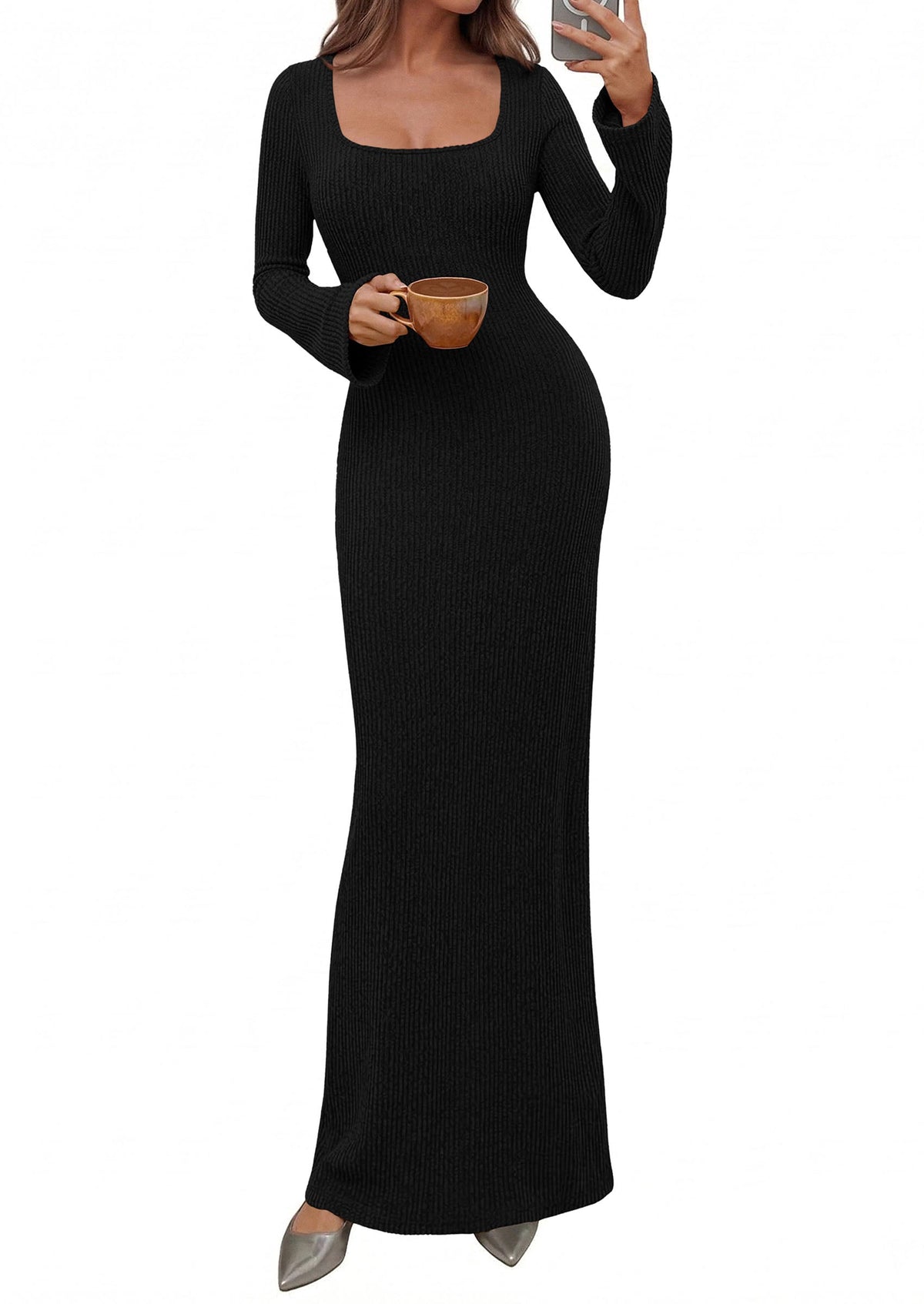 Ribbed Knit Bodycon Mermaid Maxi Dress - Long Sleeve, Square - Photo 17