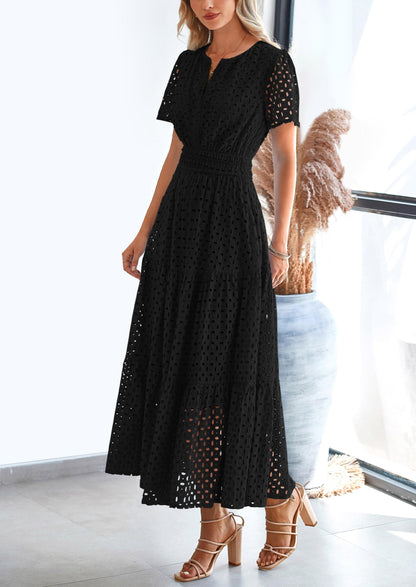 Eyelet A-Line Flowy Maxi Dress - Short Sleeve, V-Neck, Beach - photo 18