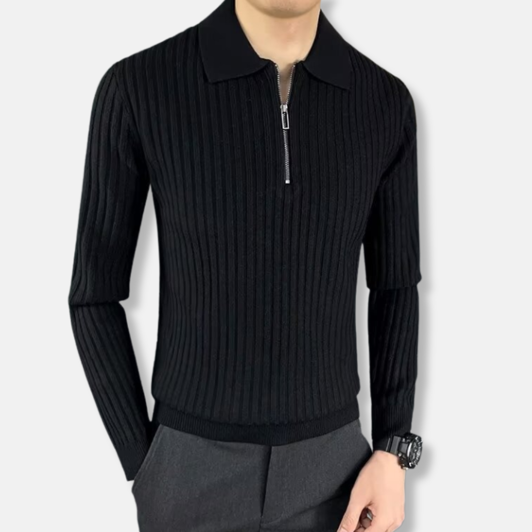 Men's Rib Knit Half Zip Polo Collar Sweater Long Sleeve Slim Fit