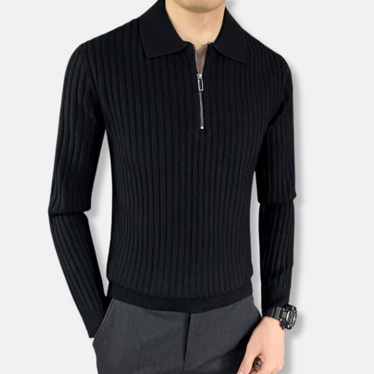 Men's Rib Knit Half Zip Polo Collar Sweater Long Sleeve Slim Fit