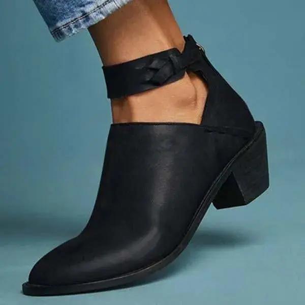 Women's black faux leather block heel ankle boots with open-side silhouette and braided ankle strap