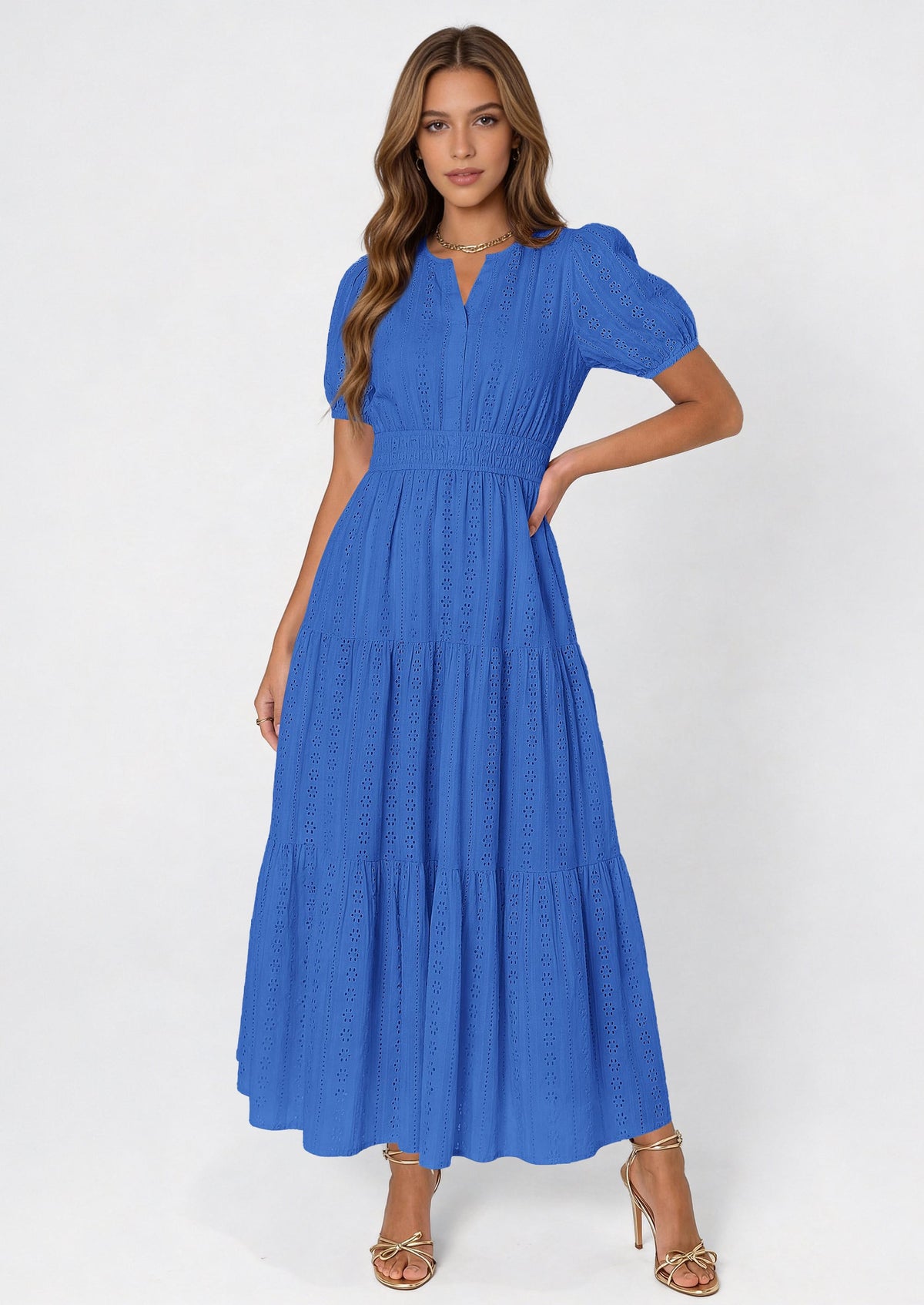 Eyelet Smocked Flowy Maxi Dress - Puff Sleeve, V-Neck, Casual - photo 23