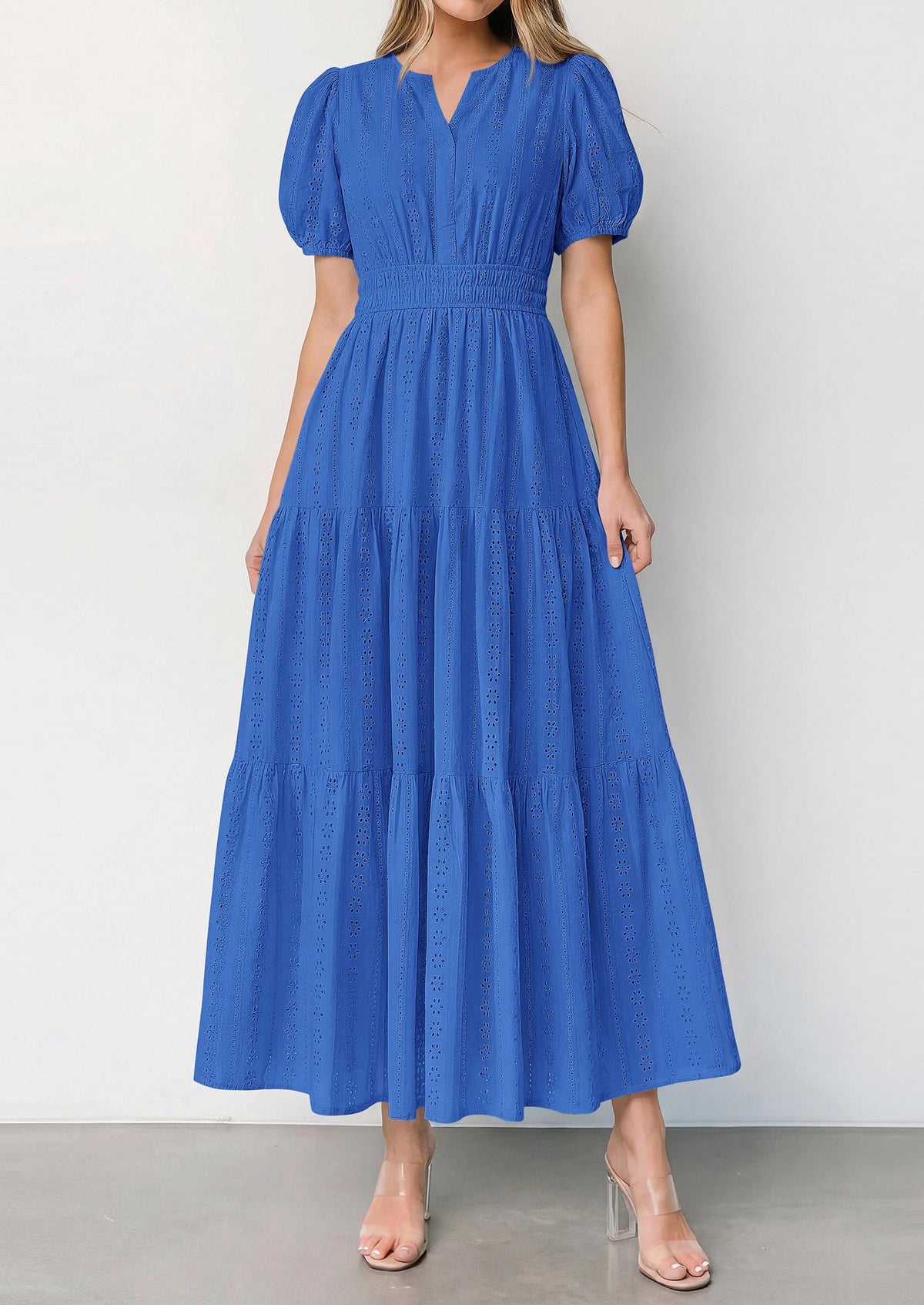 Eyelet Smocked Flowy Maxi Dress - Puff Sleeve, V-Neck, Casual - photo 18