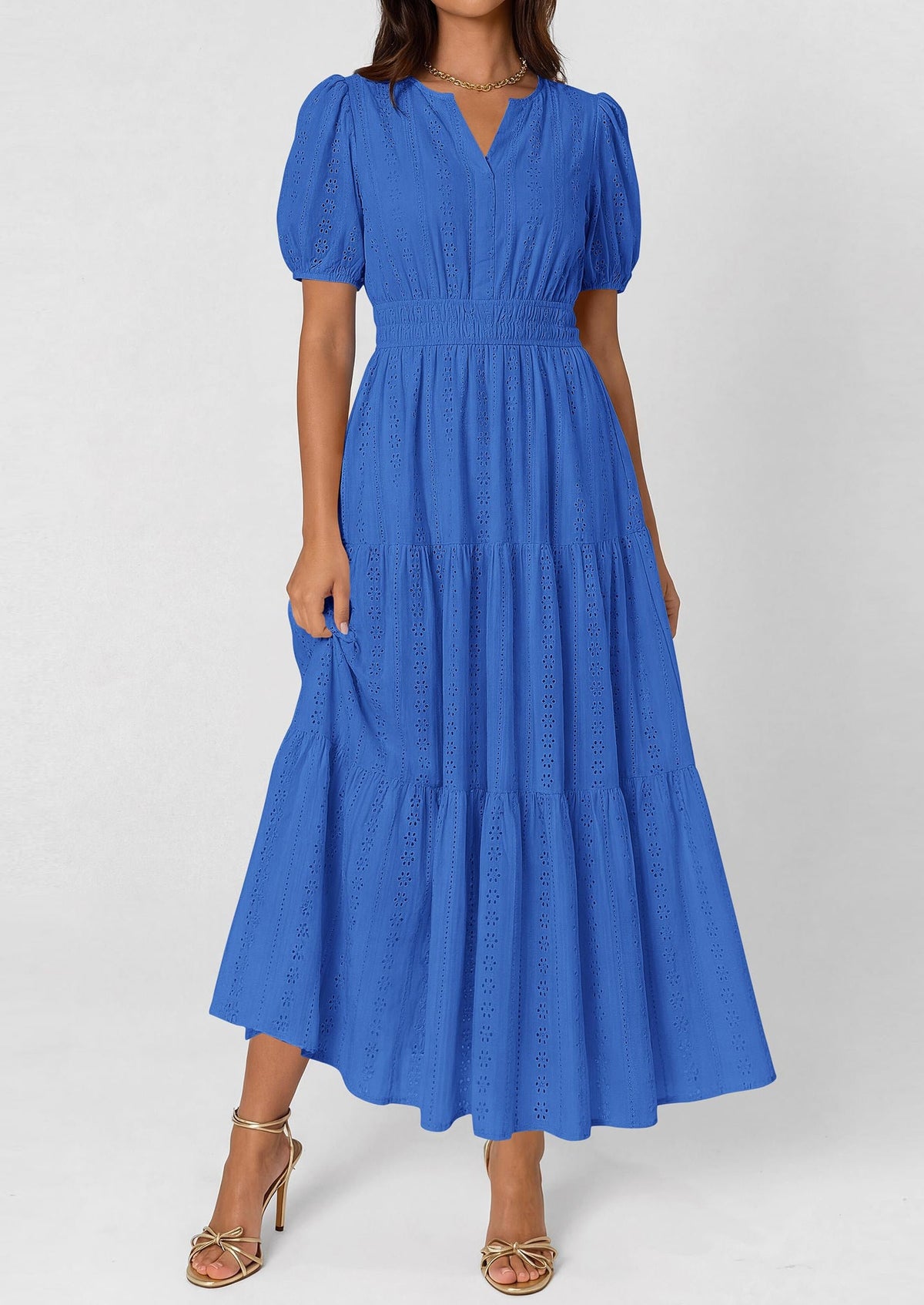 Eyelet Smocked Flowy Maxi Dress - Puff Sleeve, V-Neck, Casual - photo 19