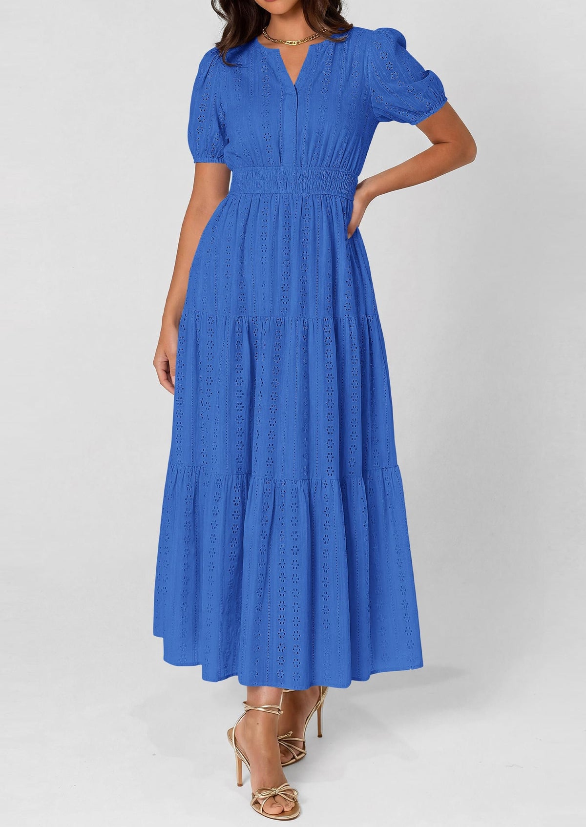 Eyelet Smocked Flowy Maxi Dress - Puff Sleeve, V-Neck, Casual - photo 25