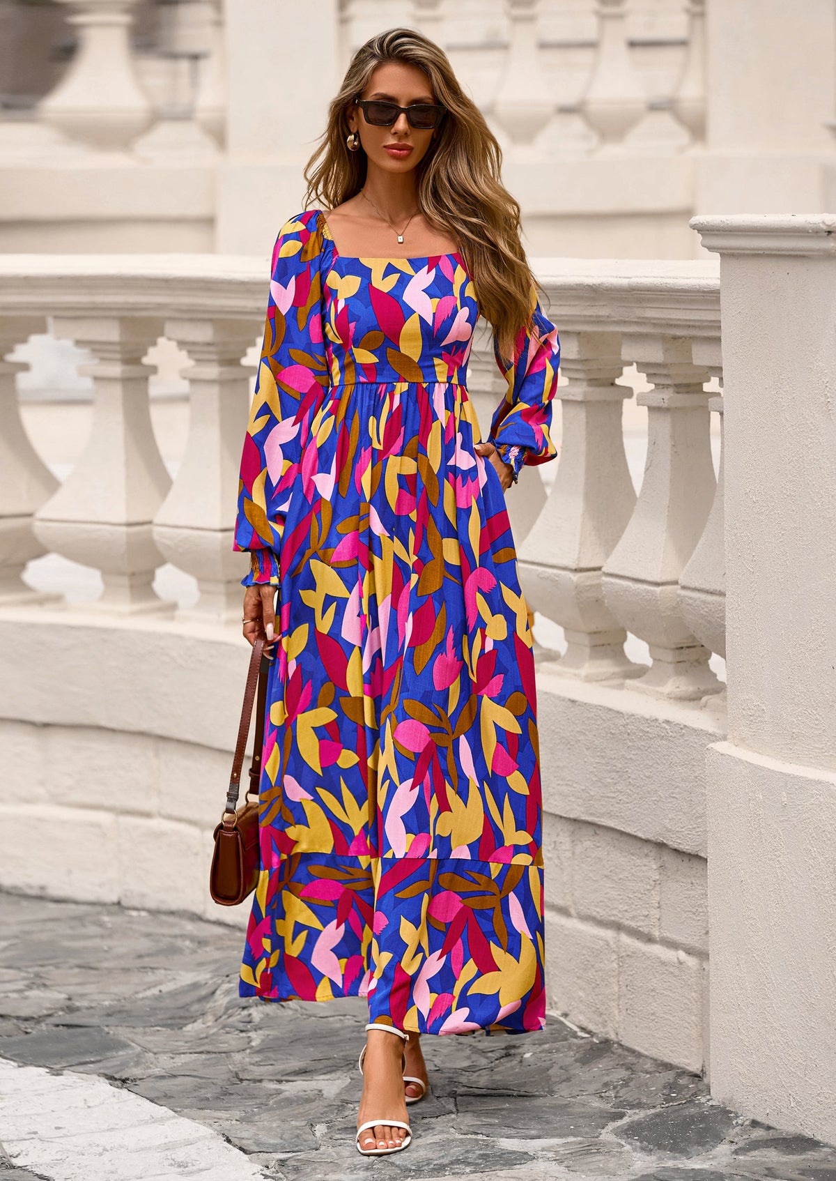 Floral A-Line Flowy Maxi Dress - Long Sleeve, Square Neck, photo 7