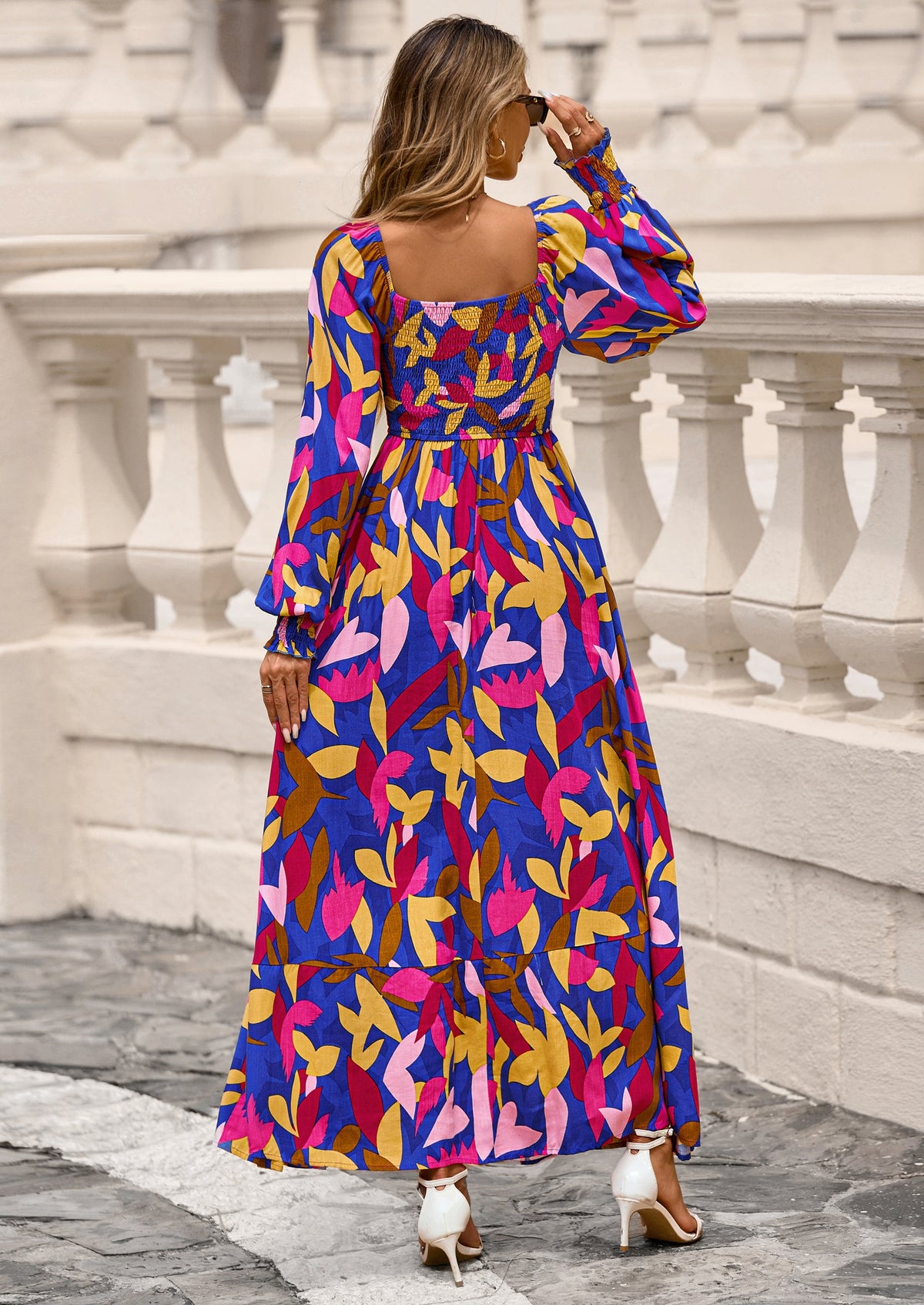 Floral A-Line Flowy Maxi Dress - Long Sleeve, Square Neck, photo 8